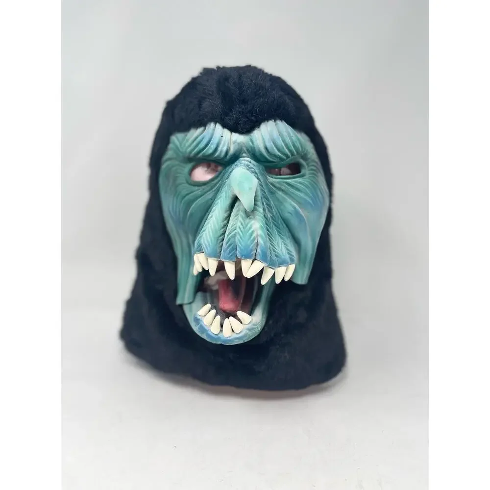 VTG Topstone Halloween Mask Green Face Black Fur Hooded Monster Molded Rubber‎
